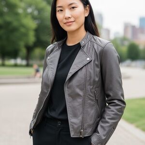 Jou Jou Gray/Toupe Faux Leather Moto Biker Cafe Racer Jacket Size XL